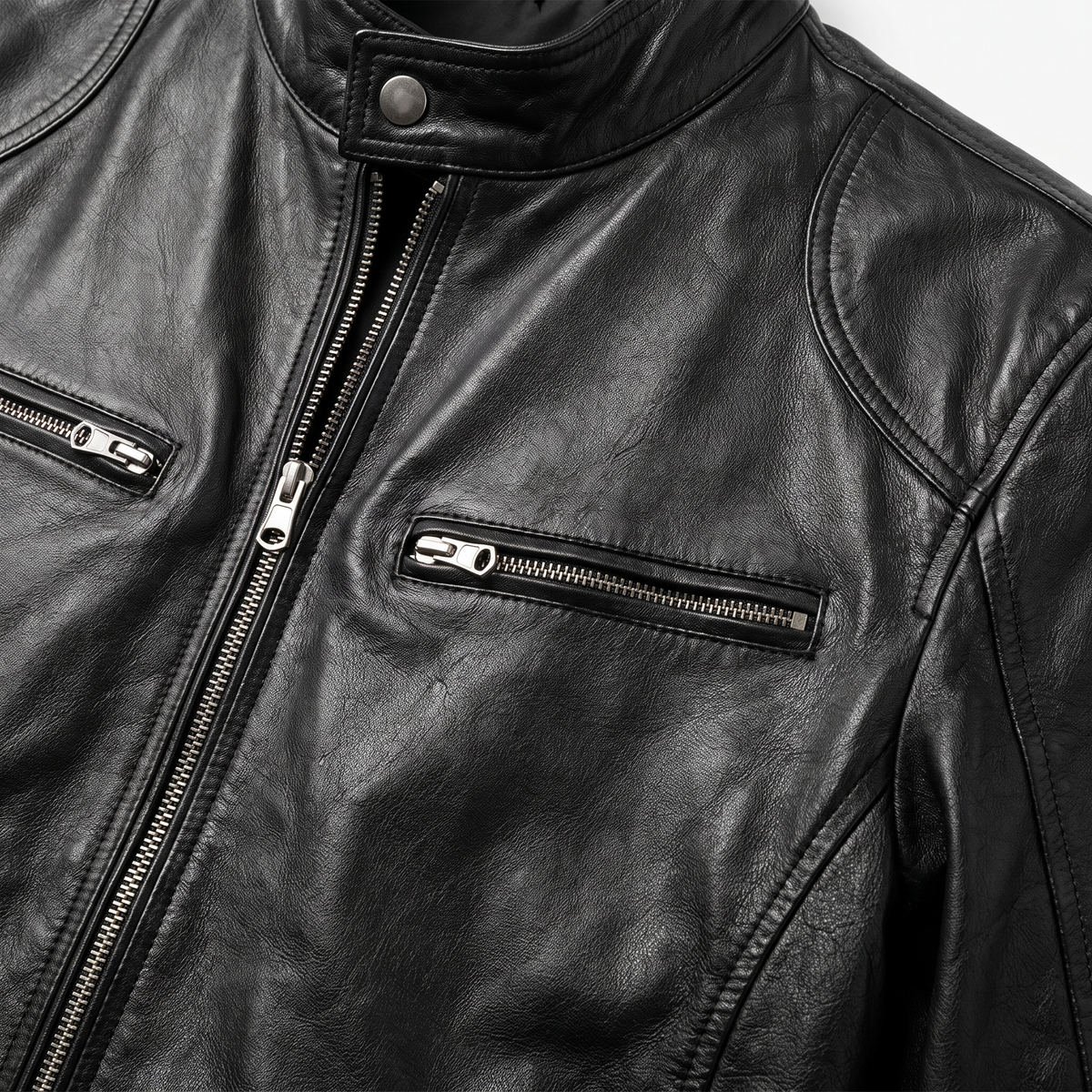 Men's Genuine Leather Motorcycle Jacket with Stand-Up Collar, Zip Chest Pockets, and Snap Closure for Casual Rides and Urban Wear | Lonoma