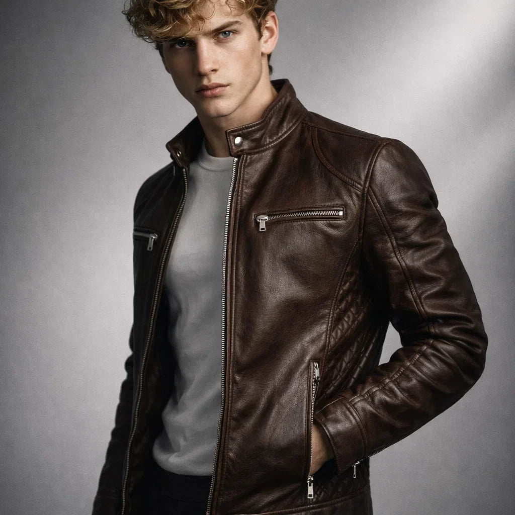 Men's Genuine Leather Motorcycle Jacket with Stand-Up Collar, Zip Chest Pockets, and Snap Closure for Casual Rides and Urban Wear | Lonoma