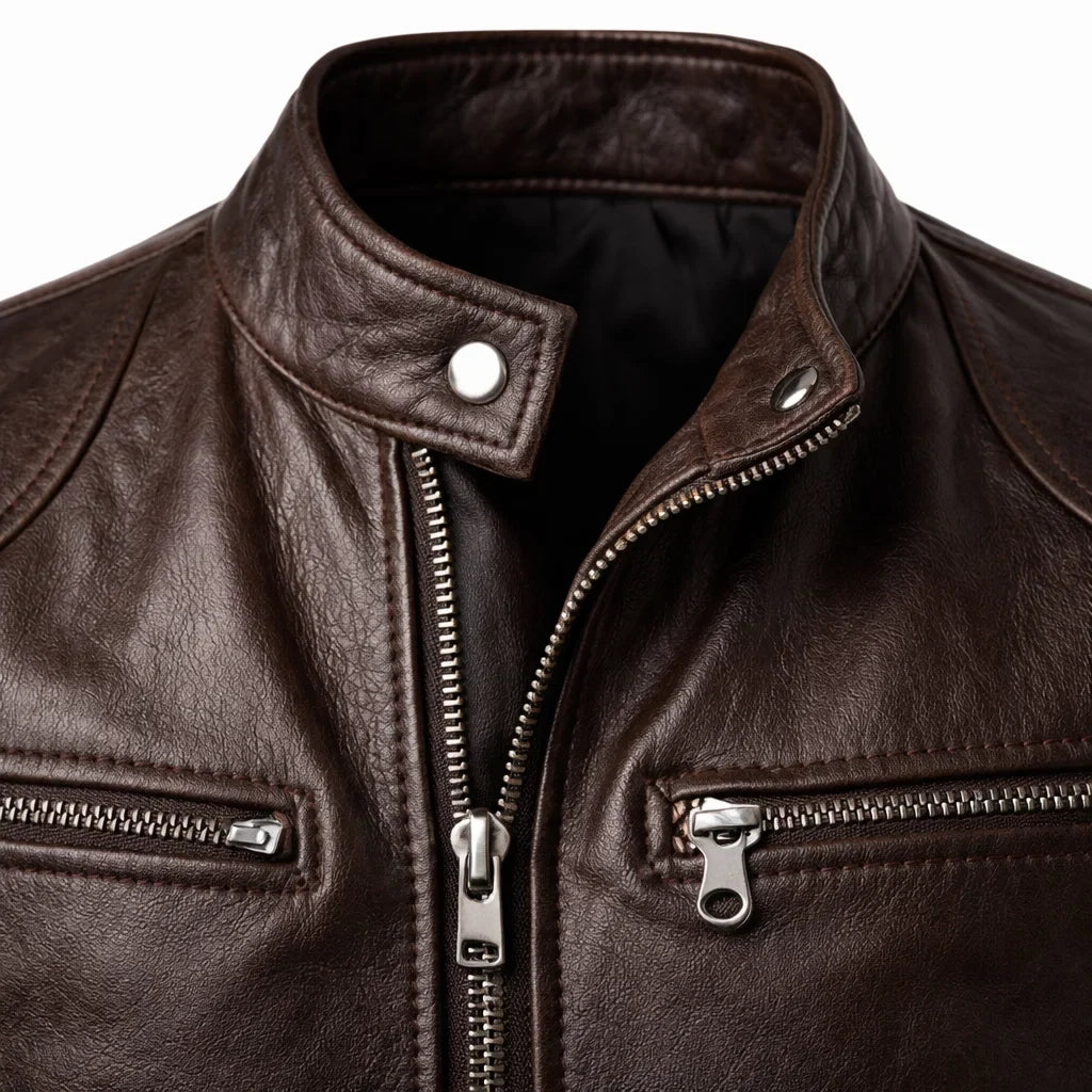 Men's Genuine Leather Motorcycle Jacket with Stand-Up Collar, Zip Chest Pockets, and Snap Closure for Casual Rides and Urban Wear | Lonoma