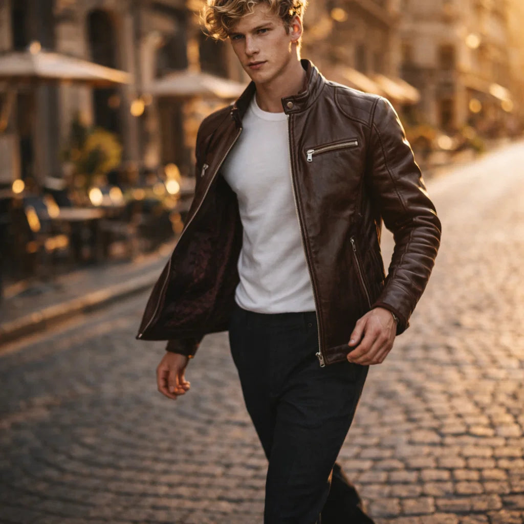 Men's Genuine Leather Motorcycle Jacket with Stand-Up Collar, Zip Chest Pockets, and Snap Closure for Casual Rides and Urban Wear | Lonoma