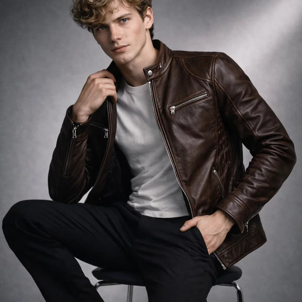 Men's Genuine Leather Motorcycle Jacket with Stand-Up Collar, Zip Chest Pockets, and Snap Closure for Casual Rides and Urban Wear | Lonoma