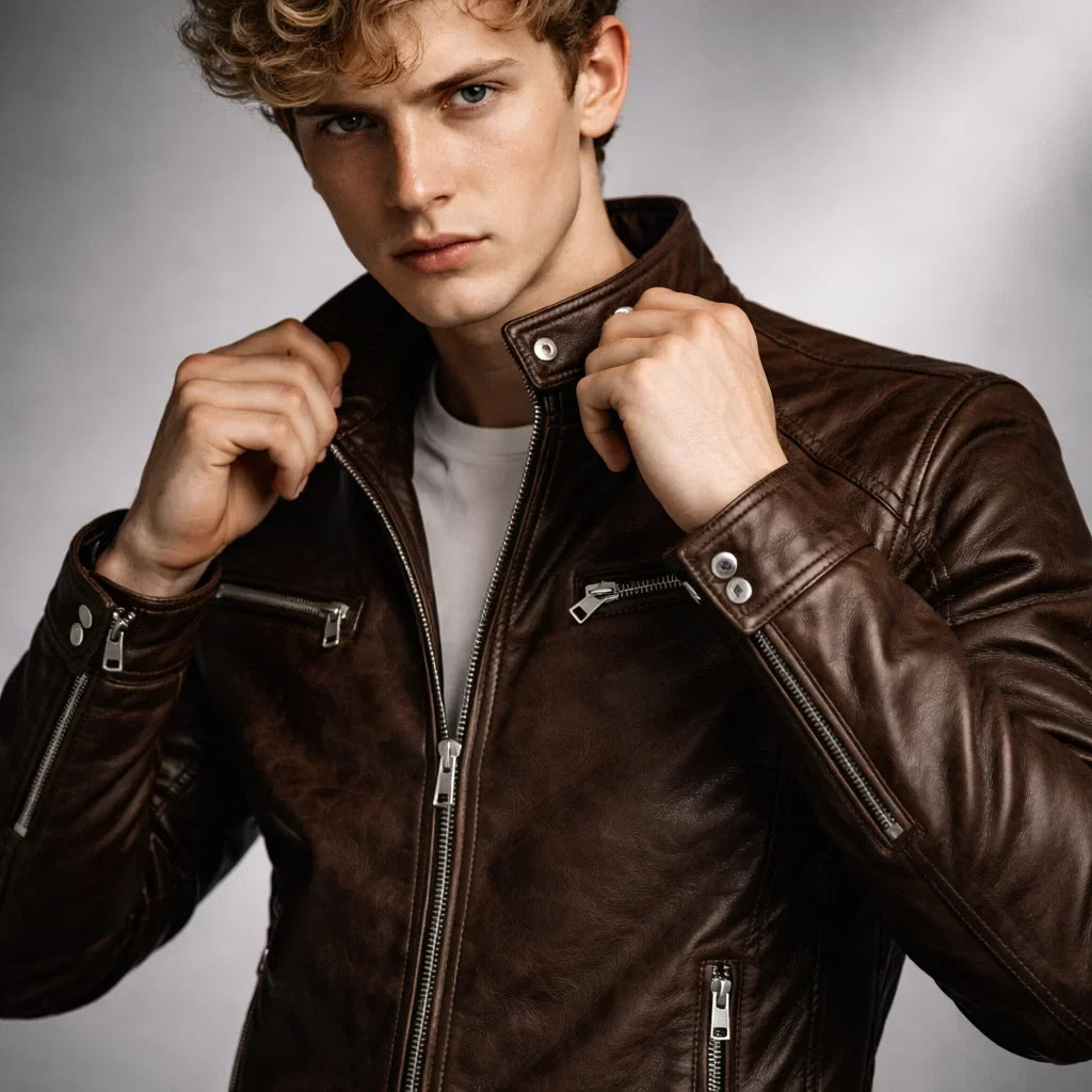 Men's Genuine Leather Motorcycle Jacket with Stand-Up Collar, Zip Chest Pockets, and Snap Closure for Casual Rides and Urban Wear | Lonoma