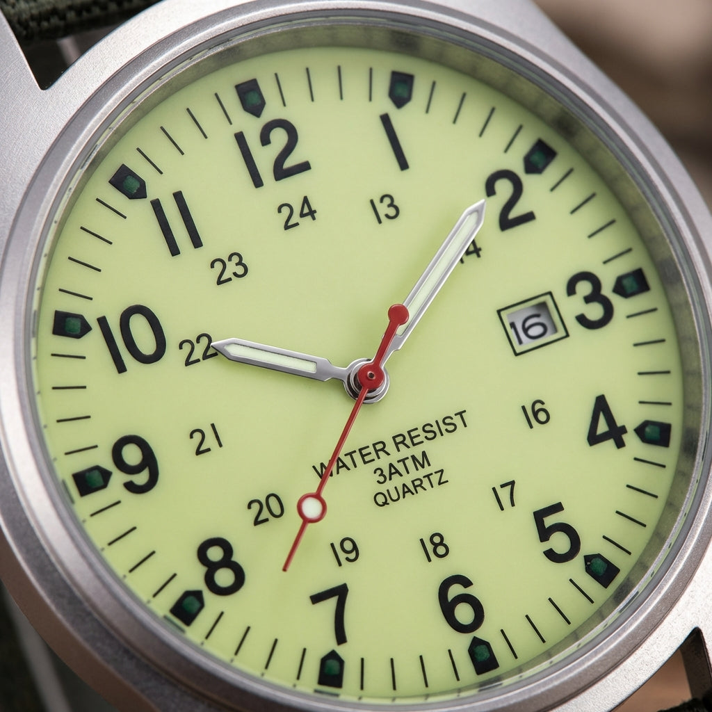 Men's Analog Field Watch with Arabic Numerals, Fabric Strap, Date Window, 24-Hour Scale for Outdoor Hiking Camping Travel | Lonoma