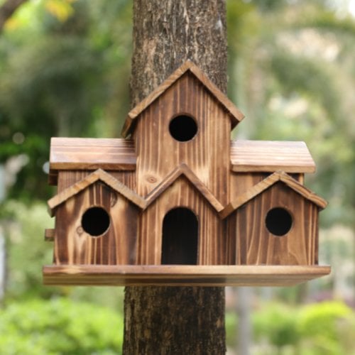 Multi-Cavity Wooden Bird House Hanging Outdoor Nesting Box for Garden Backyard Patio with 6 Entry Holes Rustic Natural Birdhouse | Lonoma