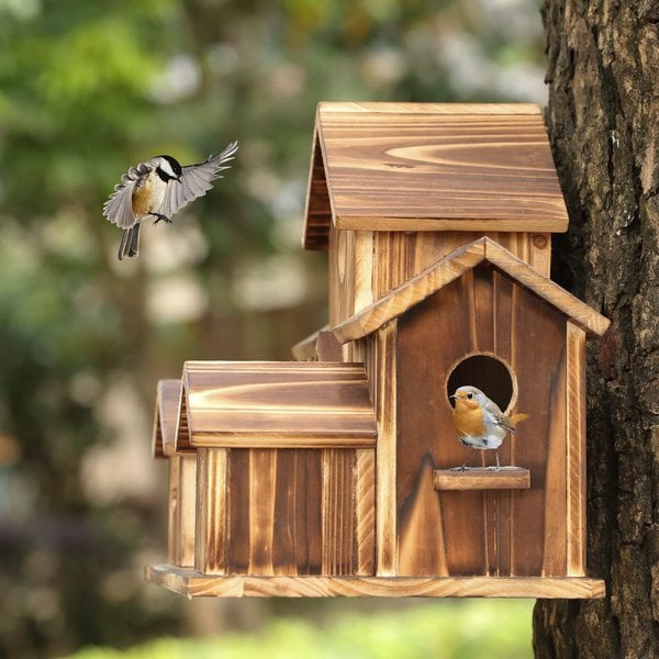 Multi-Cavity Wooden Bird House Hanging Outdoor Nesting Box for Garden Backyard Patio with 6 Entry Holes Rustic Natural Birdhouse | Lonoma