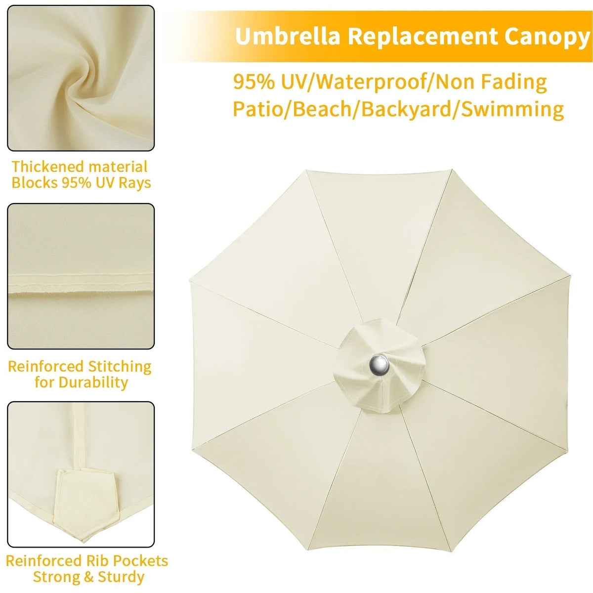 Patio Umbrella Replacement Canopy 6/8 Rib Water-Resistant with Vent Top 7-10 Ft Outdoor Sun Shade Cover for Garden Yard | Lonoma