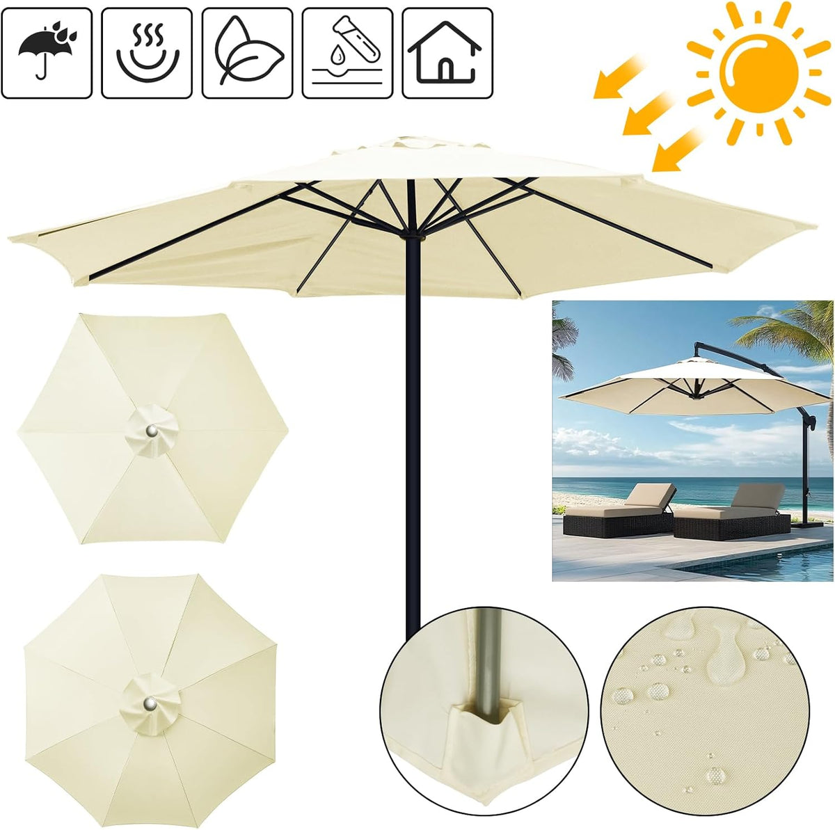 Replacement Patio Umbrella Canopy, 6 or 8 Rib Water-Repellent Polyester Cover with Vented Top for Outdoor Garden, Deck & Market Umbrellas | Lonoma