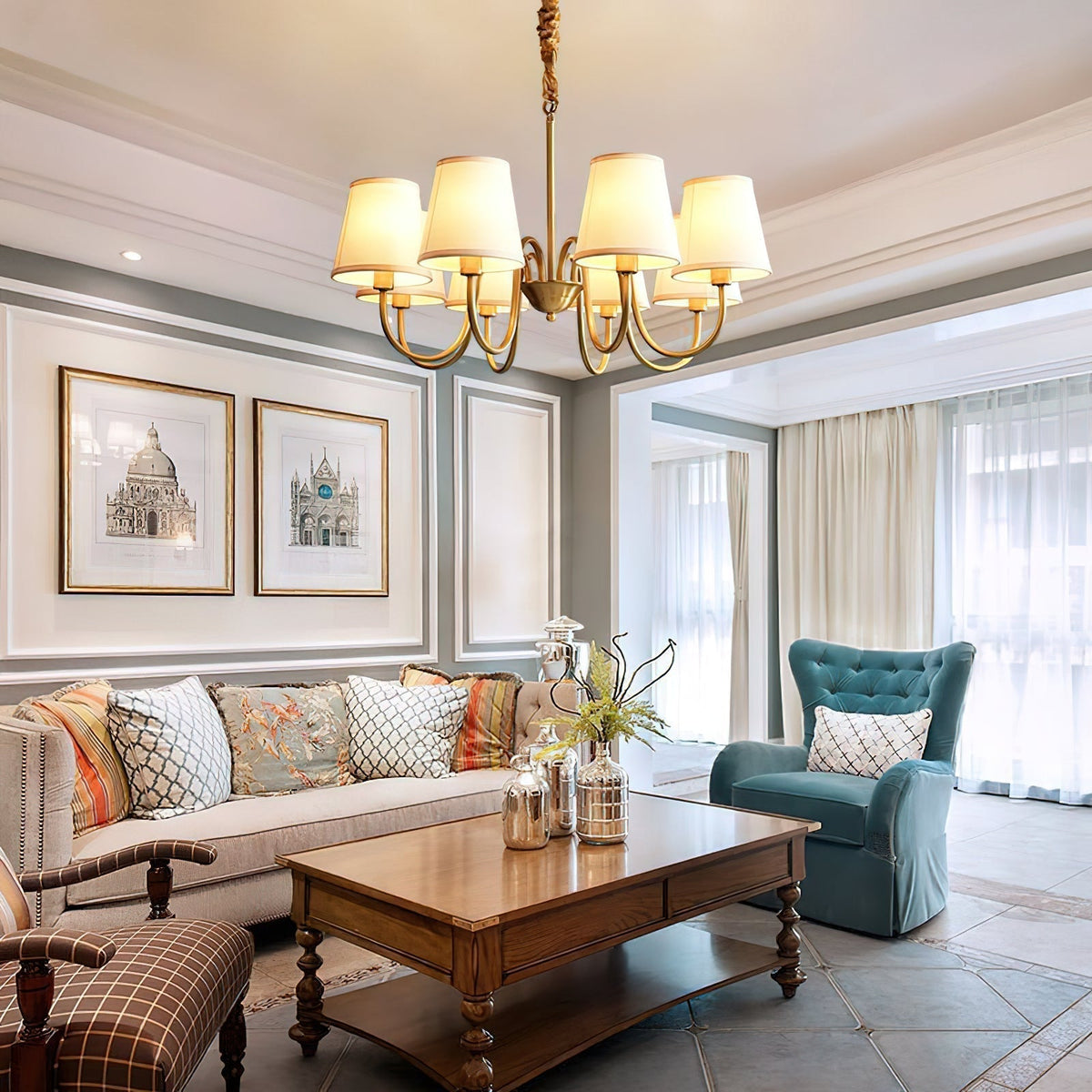 Classic Fabric Shade Chandelier with Brass Finish – Elegant Multi-Light Fixture for Dining Room, Living Room & Foyer | Lonoma