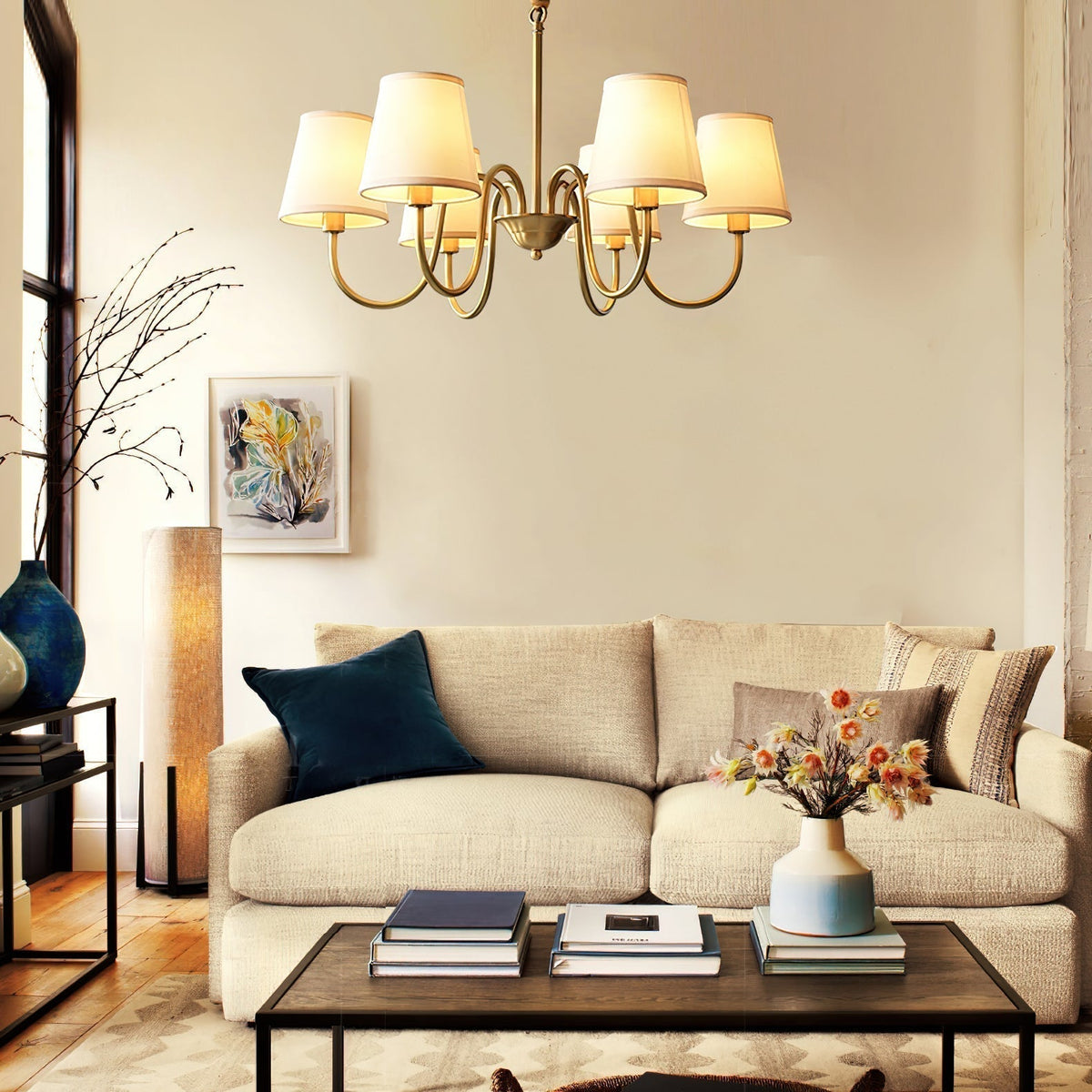 Classic Fabric Shade Chandelier with Brass Finish – Elegant Multi-Light Fixture for Dining Room, Living Room & Foyer | Lonoma
