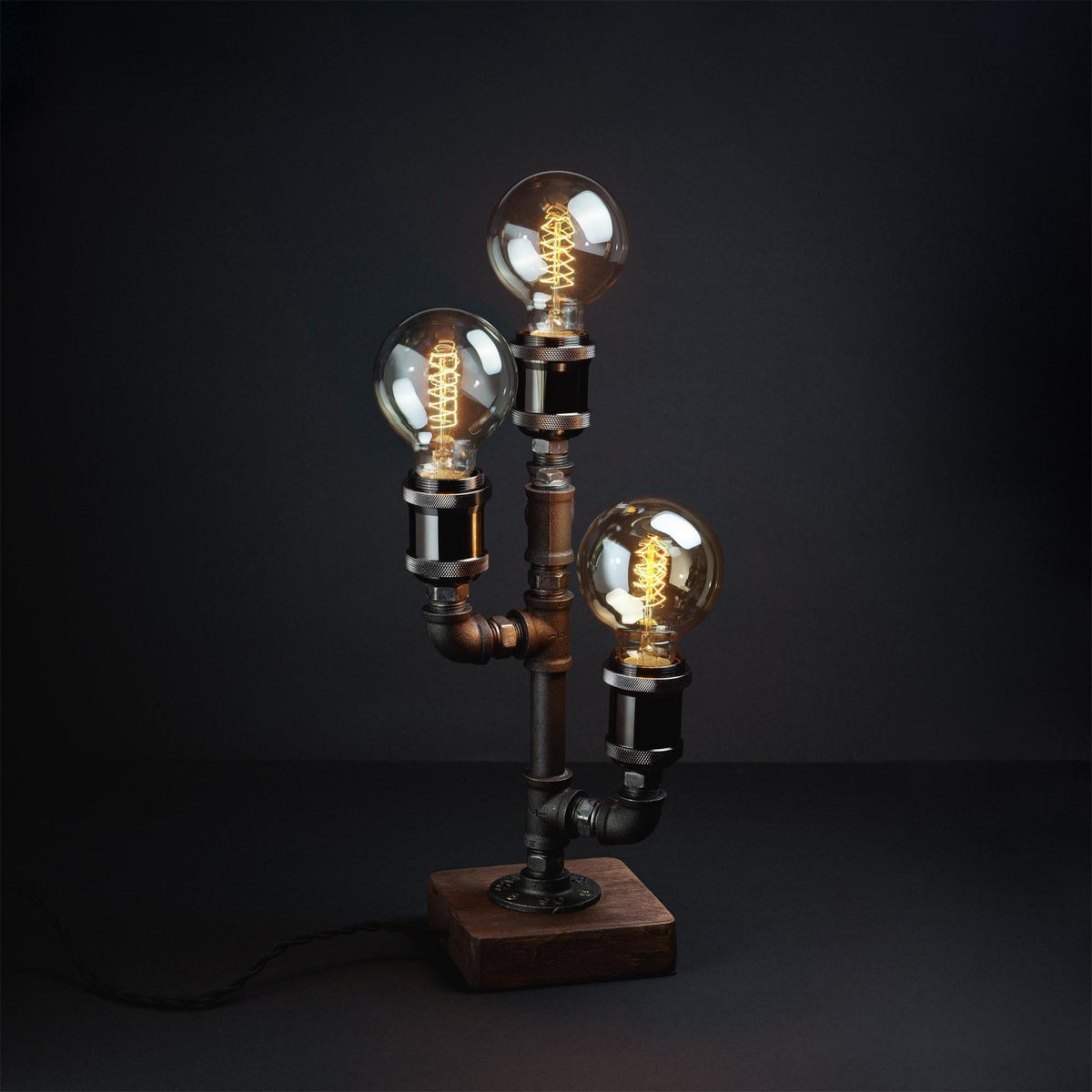Industrial Pipe Table Lamp with Wood Base – Metal Desk Lighting for Home Office, Bedroom, Nightstand – Vintage Steampunk Design | Lonoma