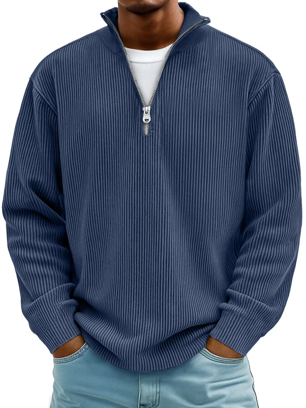 Men's Quarter-Zip Pullover Sweater with Ribbed Knit and Stand Collar for Casual and Office Wear | Lonoma