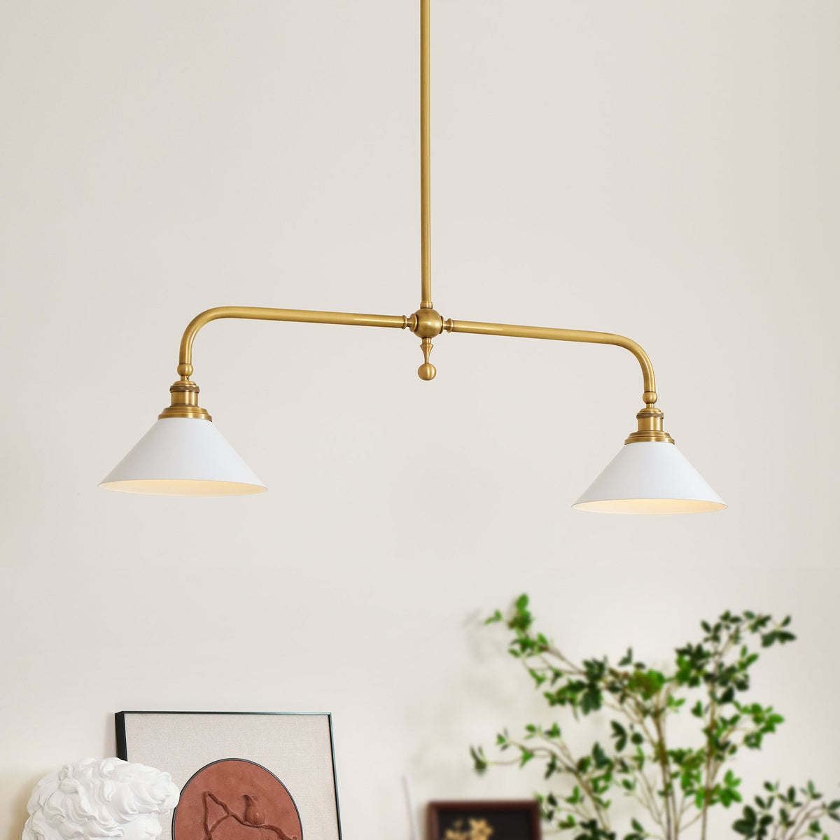Brushed Brass Pendant Light with Flared Cone Shades for Dining Room & Kitchen Island | Dual Head Suspension Fixture | Lonoma