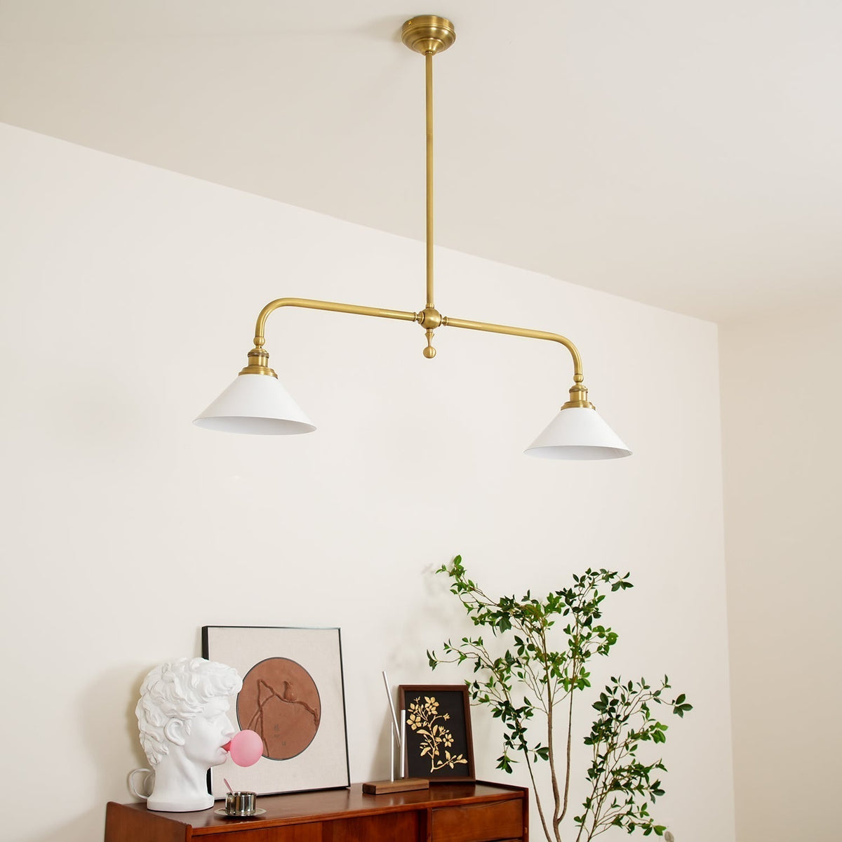 Brushed Brass Pendant Light with Flared Cone Shades for Dining Room & Kitchen Island | Dual Head Suspension Fixture | Lonoma