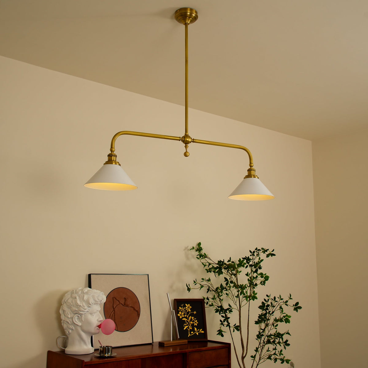 Brushed Brass Pendant Light with Flared Cone Shades for Dining Room & Kitchen Island | Dual Head Suspension Fixture | Lonoma