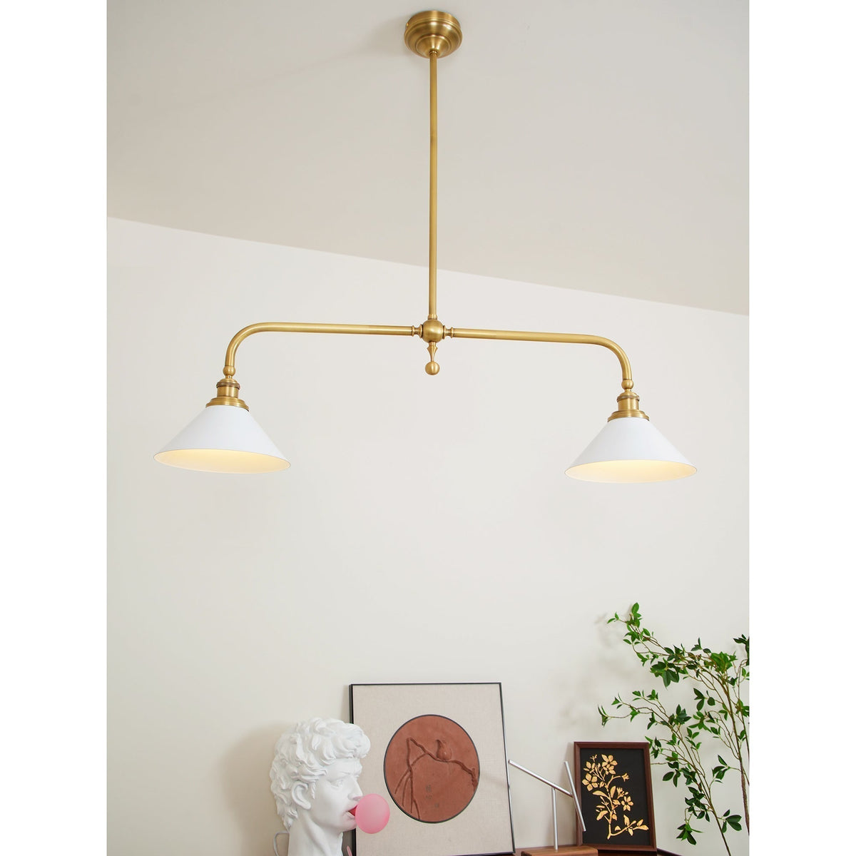 Brushed Brass Pendant Light with Flared Cone Shades for Dining Room & Kitchen Island | Dual Head Suspension Fixture | Lonoma