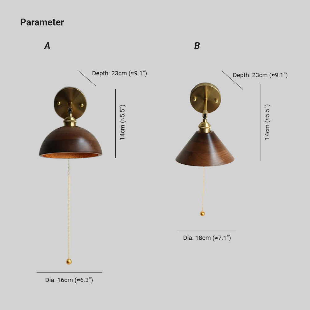 Wood Wall Sconce with Dome Shade and Pull Chain Switch for Bedroom, Living Room, Dining Room – Brass Walnut Farmhouse Accent Lighting Fixture | Lonoma