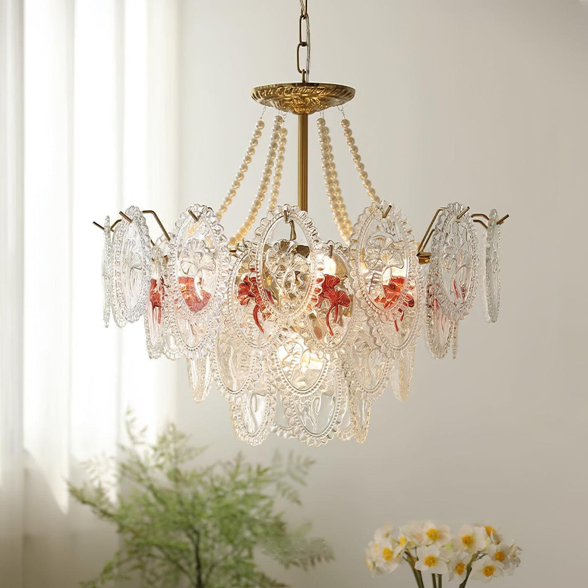 Pearl Glass Tiered Chandelier Gold Metal Frame Multi-Layer Pendant Light for Dining Room Bedroom Living Room Modern Luxe Ceiling Fixture | Lonoma
