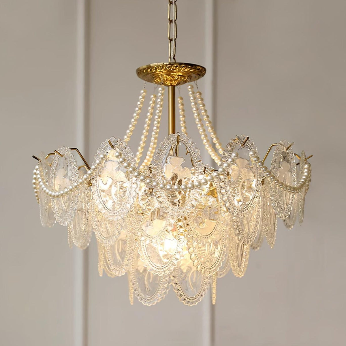 Pearl Glass Tiered Chandelier Gold Metal Frame Multi-Layer Pendant Light for Dining Room Bedroom Living Room Modern Luxe Ceiling Fixture | Lonoma