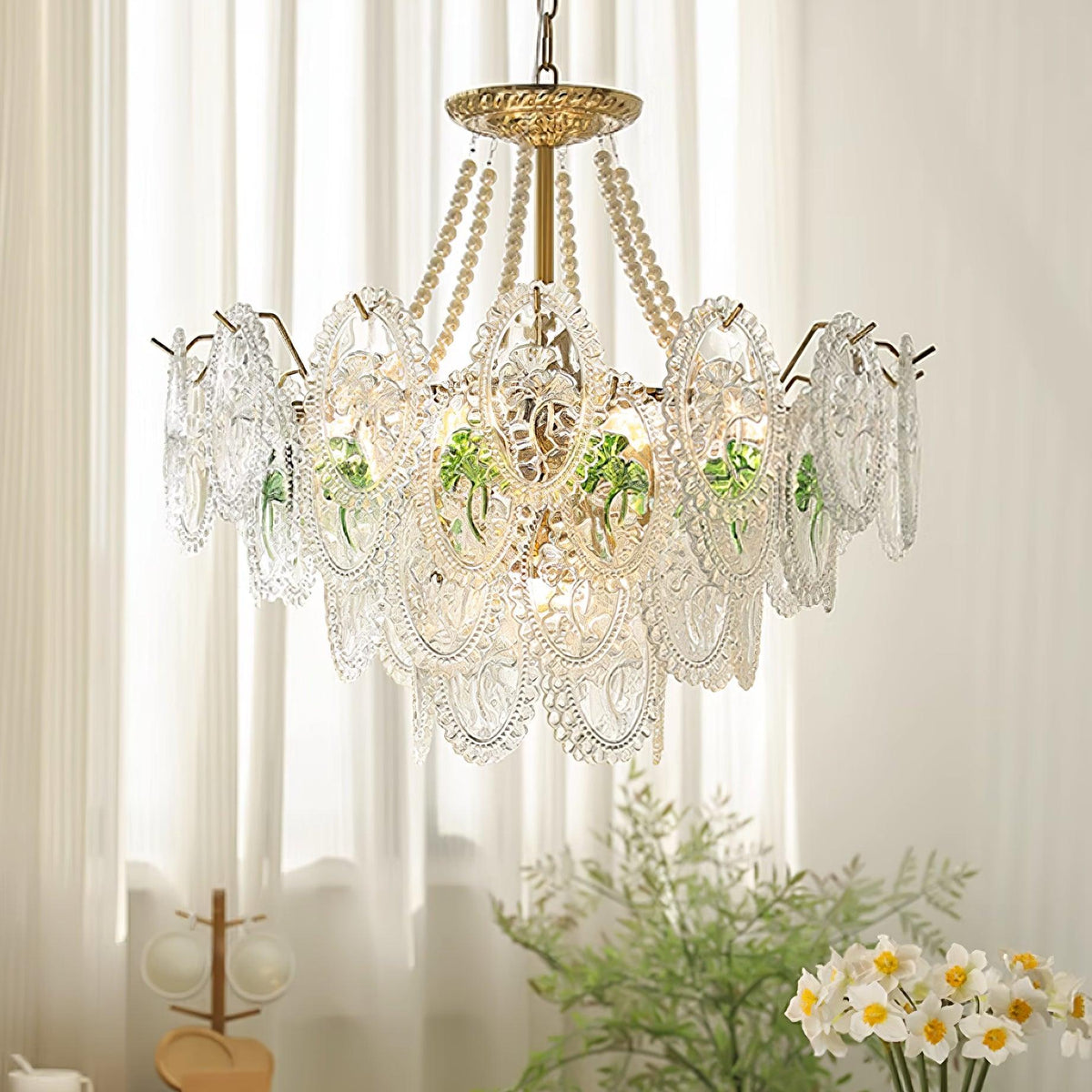 Pearl Glass Tiered Chandelier Gold Metal Frame Multi-Layer Pendant Light for Dining Room Bedroom Living Room Modern Luxe Ceiling Fixture | Lonoma