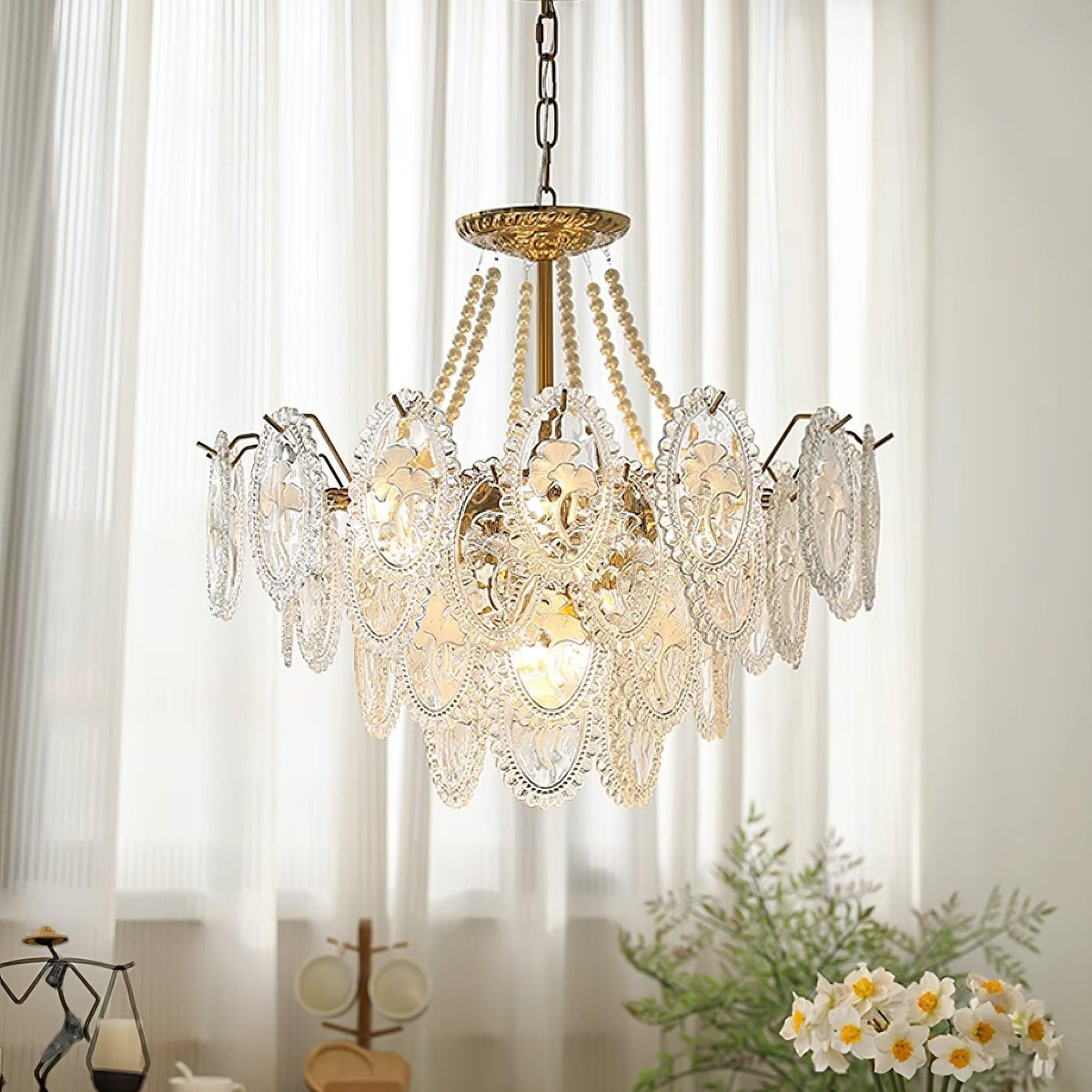 Pearl Glass Tiered Chandelier Gold Metal Frame Multi-Layer Pendant Light for Dining Room Bedroom Living Room Modern Luxe Ceiling Fixture | Lonoma
