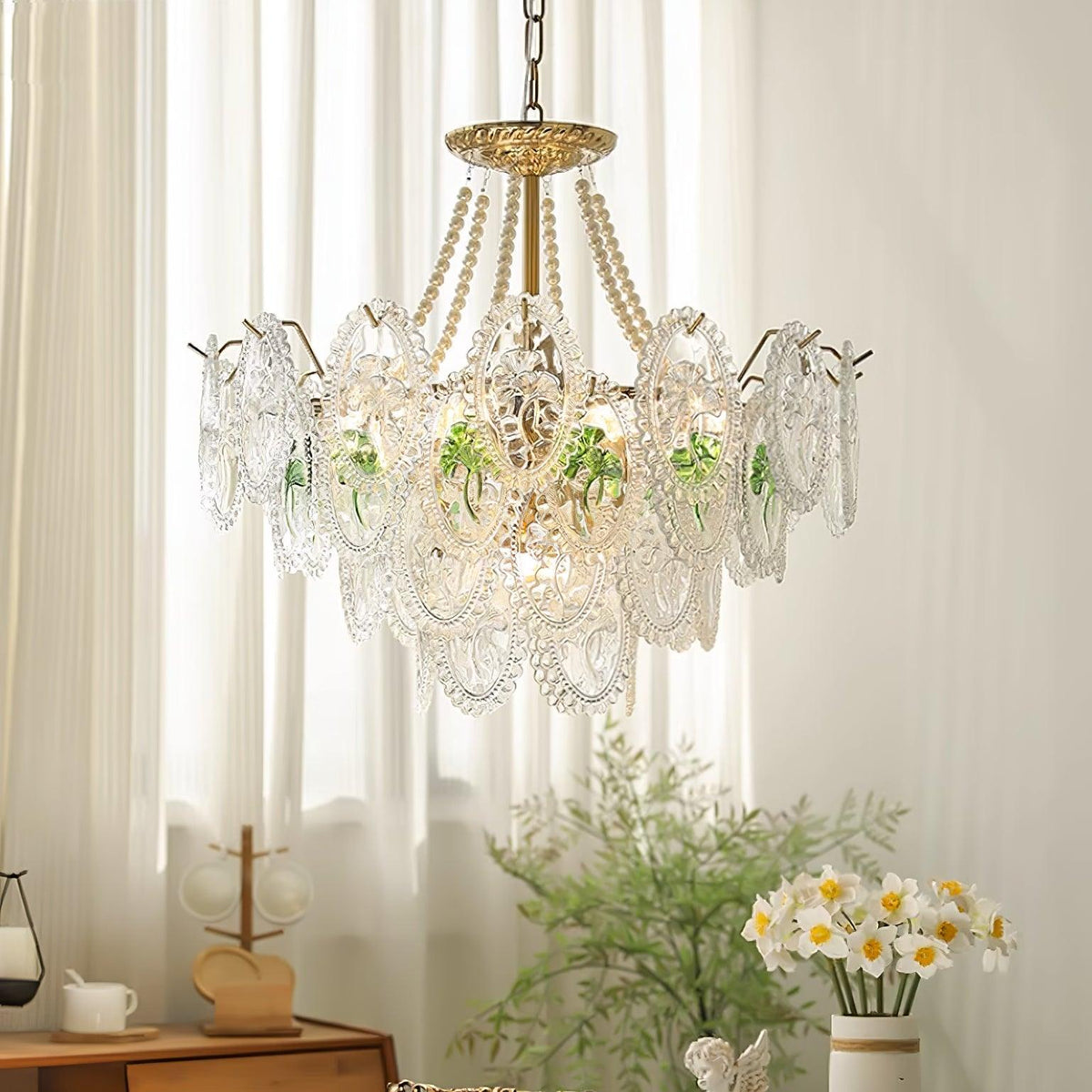Pearl Glass Tiered Chandelier Gold Metal Frame Multi-Layer Pendant Light for Dining Room Bedroom Living Room Modern Luxe Ceiling Fixture | Lonoma