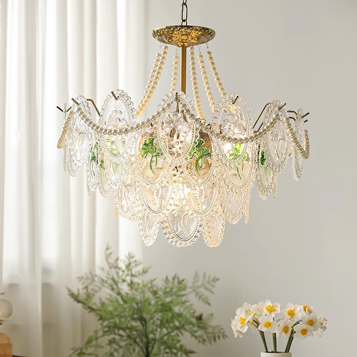 Pearl Glass Tiered Chandelier Gold Metal Frame Multi-Layer Pendant Light for Dining Room Bedroom Living Room Modern Luxe Ceiling Fixture | Lonoma