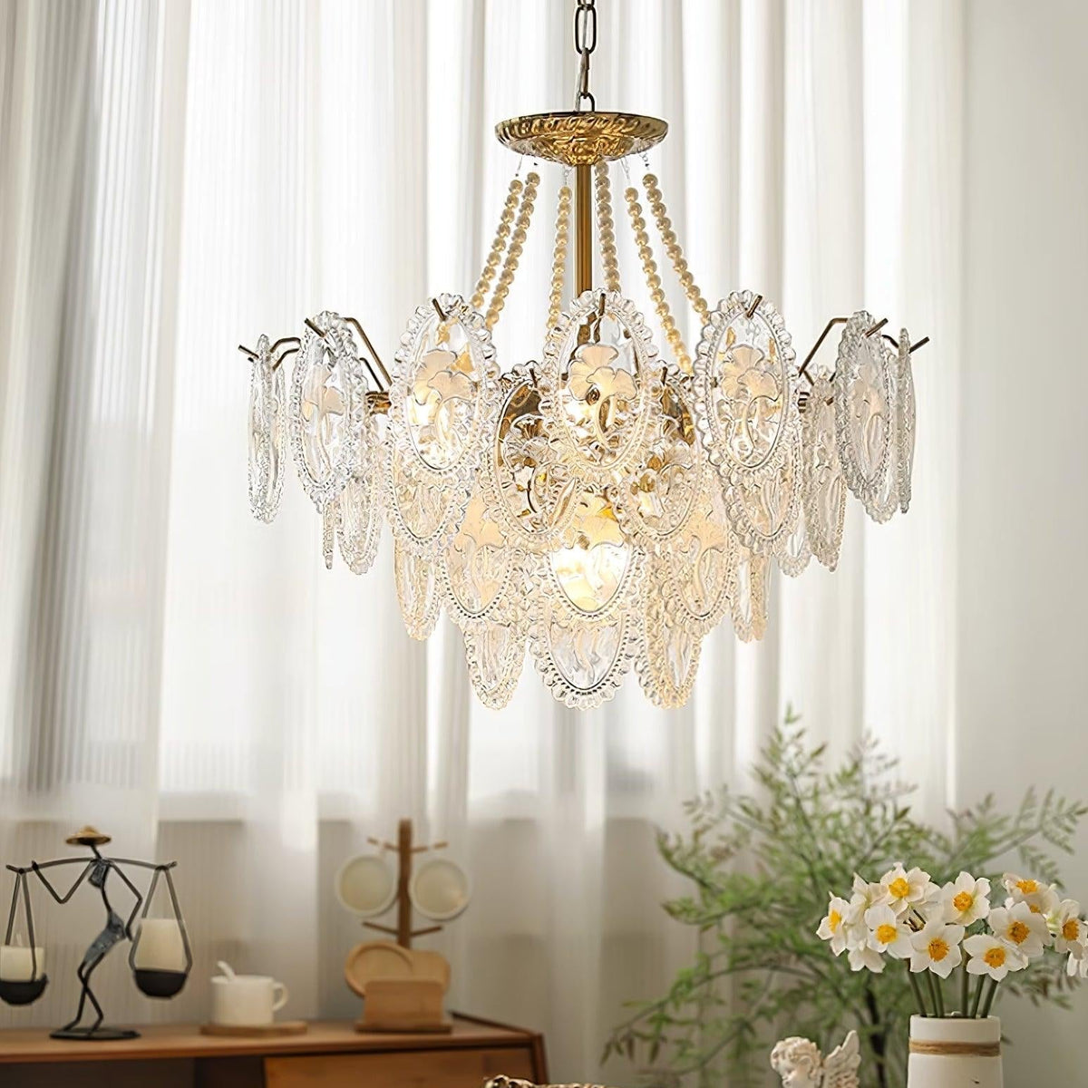 Pearl Glass Tiered Chandelier Gold Metal Frame Multi-Layer Pendant Light for Dining Room Bedroom Living Room Modern Luxe Ceiling Fixture | Lonoma