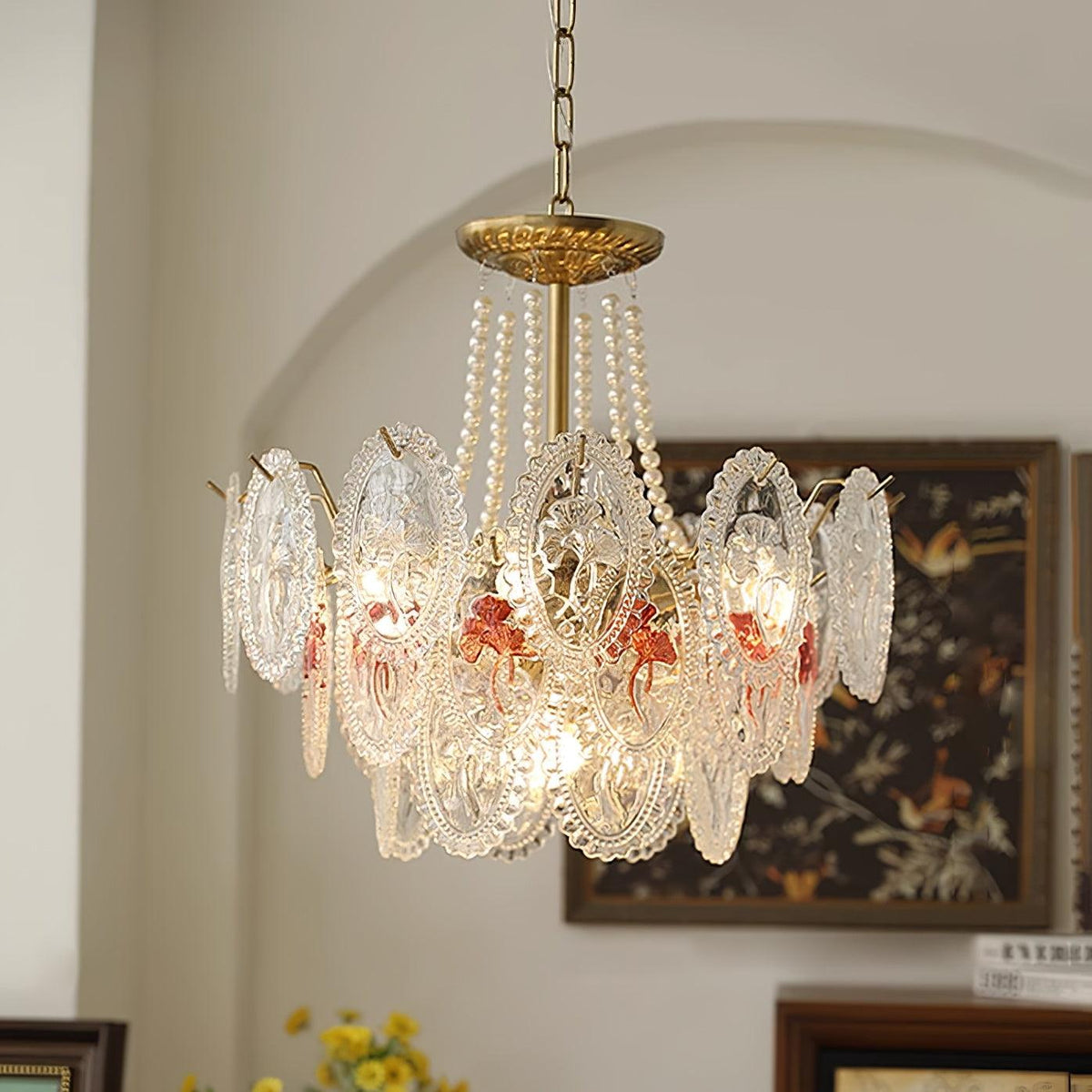 Pearl Glass Tiered Chandelier Gold Metal Frame Multi-Layer Pendant Light for Dining Room Bedroom Living Room Modern Luxe Ceiling Fixture | Lonoma