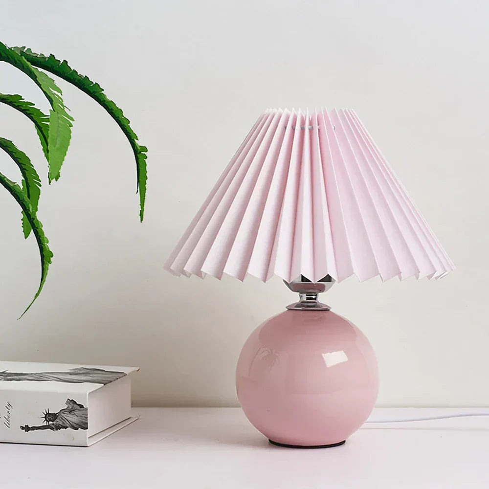 Ceramic Table Lamp with Pleated Shade, 10.5 in Bedside Lamp for Bedroom, Living Room & Nightstand, Retro Soft Glow Accent Light | Lonoma