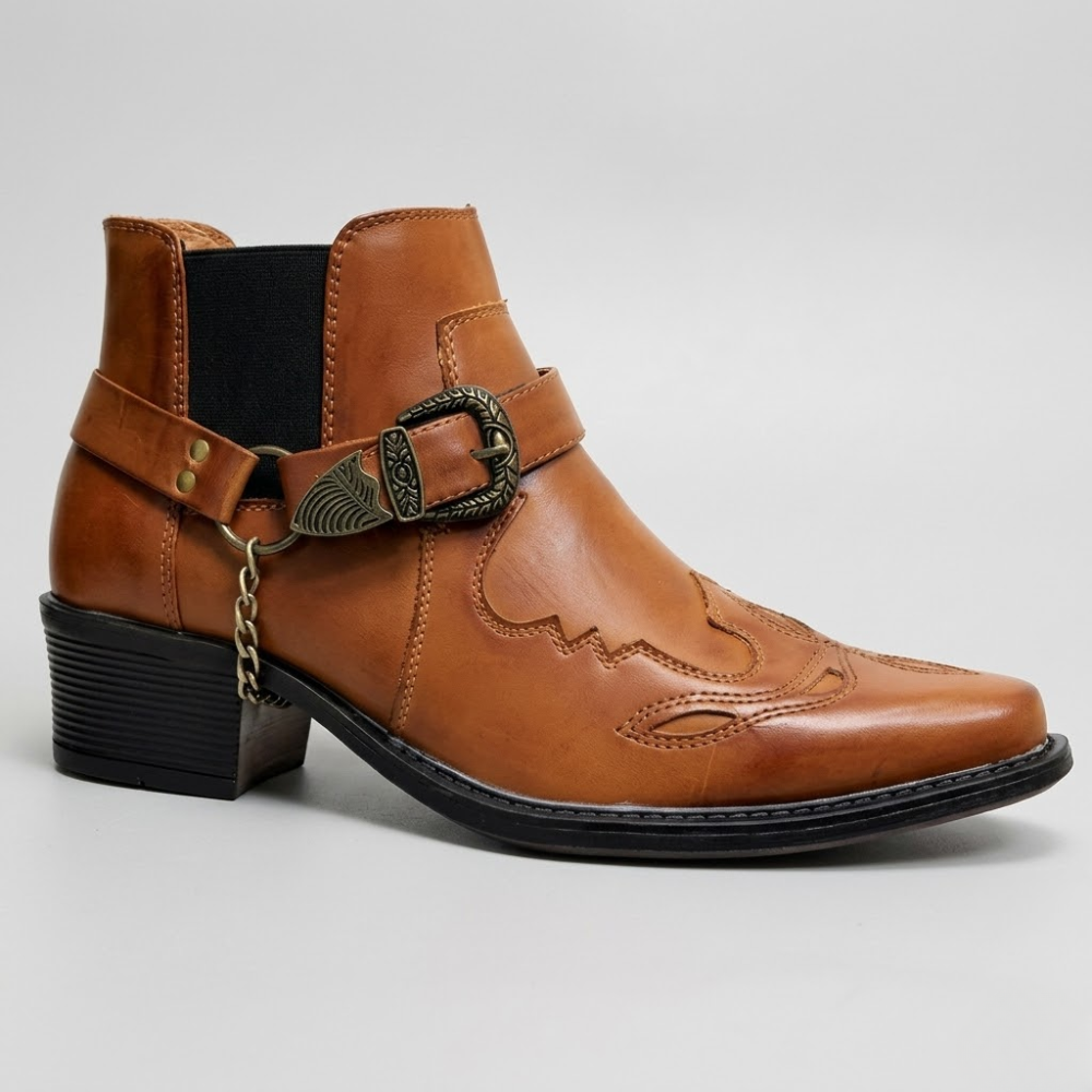Men's Western Cowboy Boots Pointed Toe Buckle Strap Vintage Leather High Top Ankle Boots for Casual Outdoor Everyday Wear | Lonoma