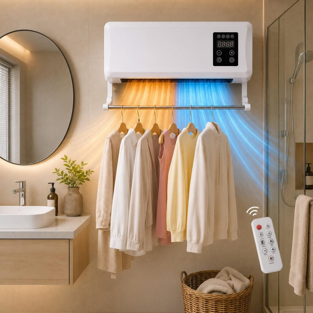 Wall Mounted Bathroom Heater Fan with Drying Rack, 1500W, White, Timer, Wall Heater for Laundry Room, Bedroom and Office | Lonoma