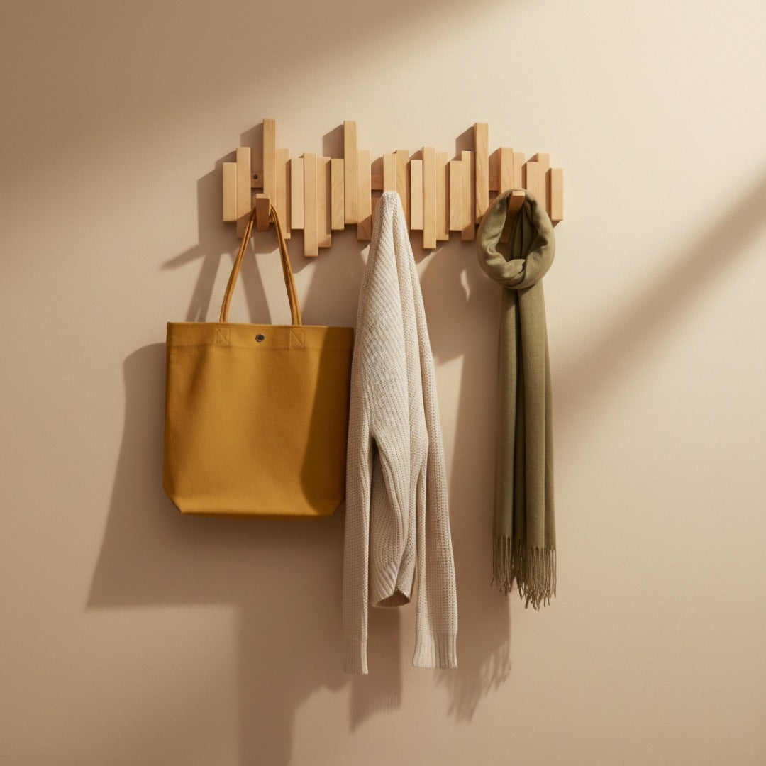 Wall Mounted Coat Rack with Hidden Fold-Away Hooks, Solid Wood Piano Key Design for Entryway, Bedroom, Hallway & Mudroom | Lonoma
