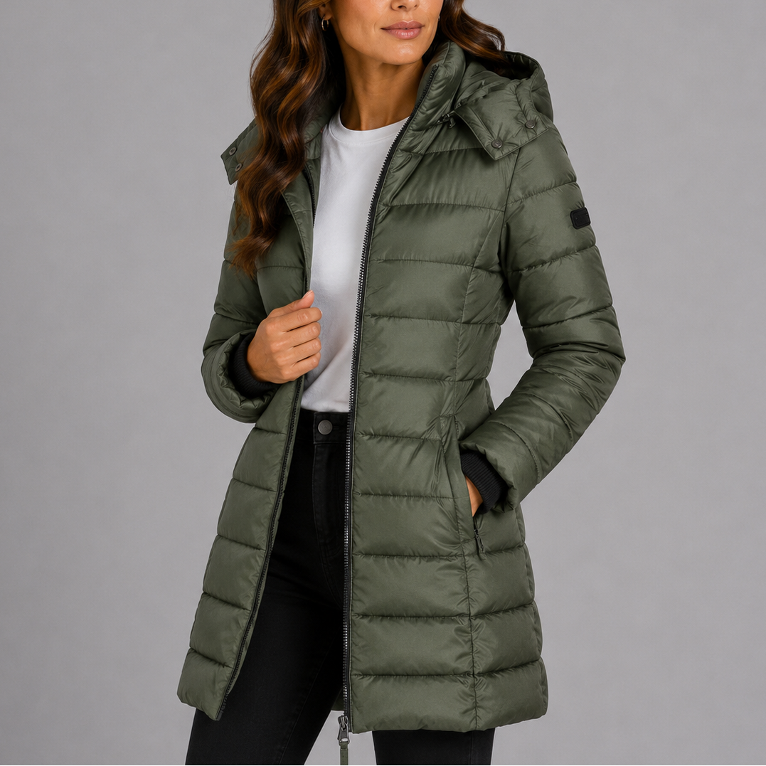 Women's Insulated Puffer Jacket Long Hooded Winter Coat Full Zip Side Pockets for Cold Weather Daily Wear Commute Errands | Lonoma