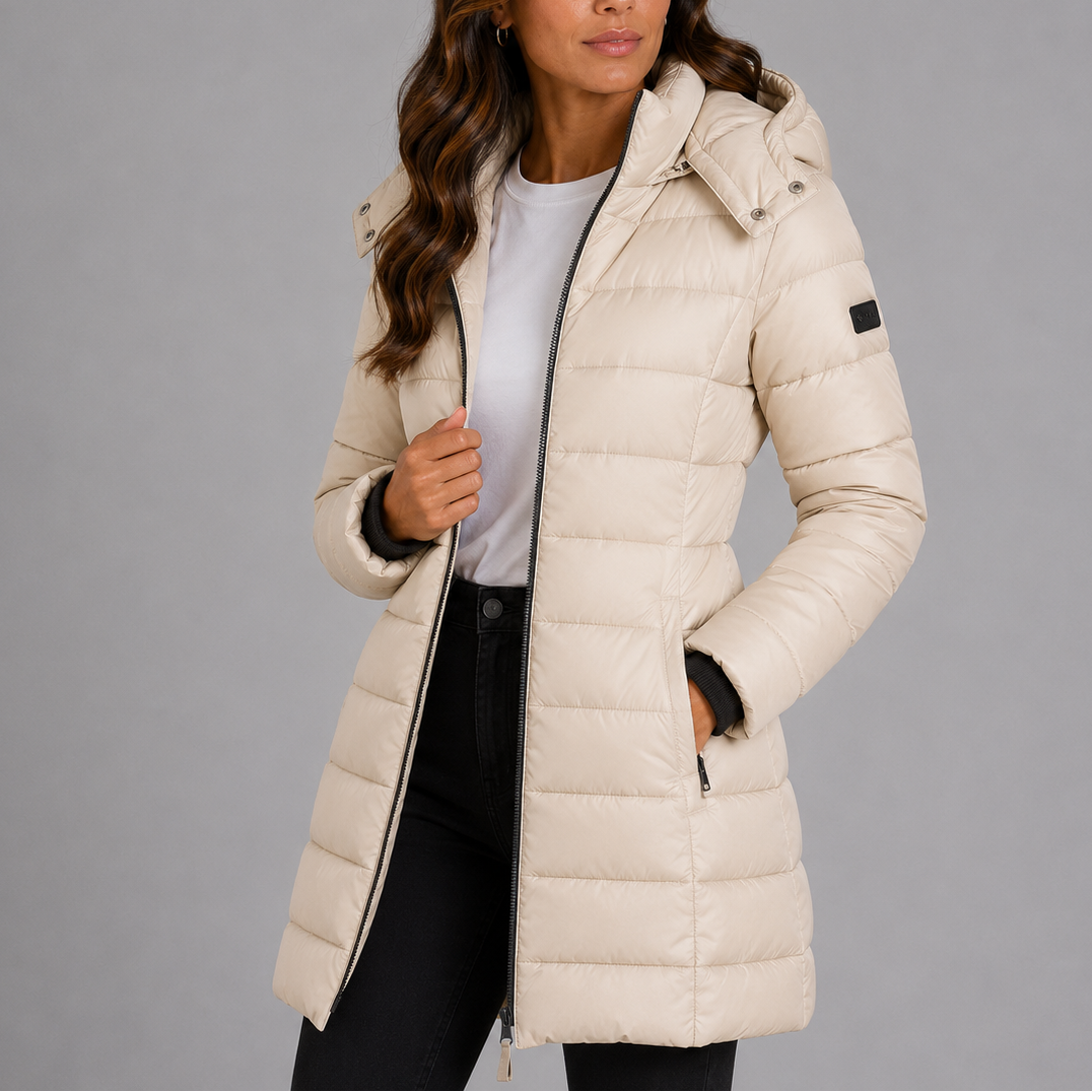 Women's Insulated Puffer Jacket Long Hooded Winter Coat Full Zip Side Pockets for Cold Weather Daily Wear Commute Errands | Lonoma