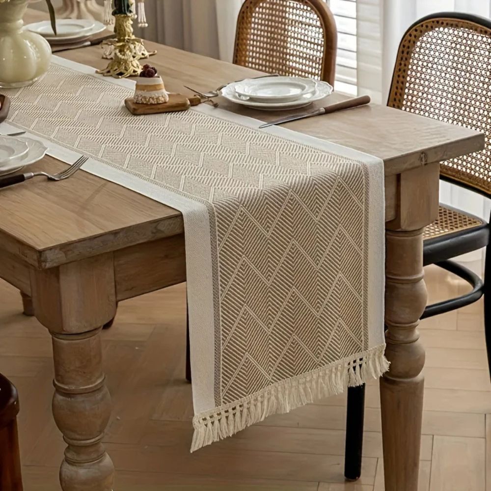 Woven Table Runner 14 × 47 inch with Zigzag Pattern and Fringed Ends for Dining Room, Coffee Table, Dresser | Lonoma
