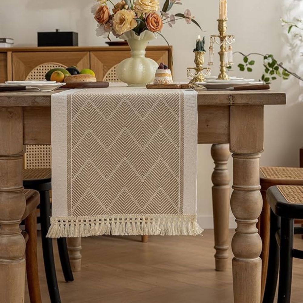 Woven Table Runner 14 × 47 inch with Zigzag Pattern and Fringed Ends for Dining Room, Coffee Table, Dresser | Lonoma