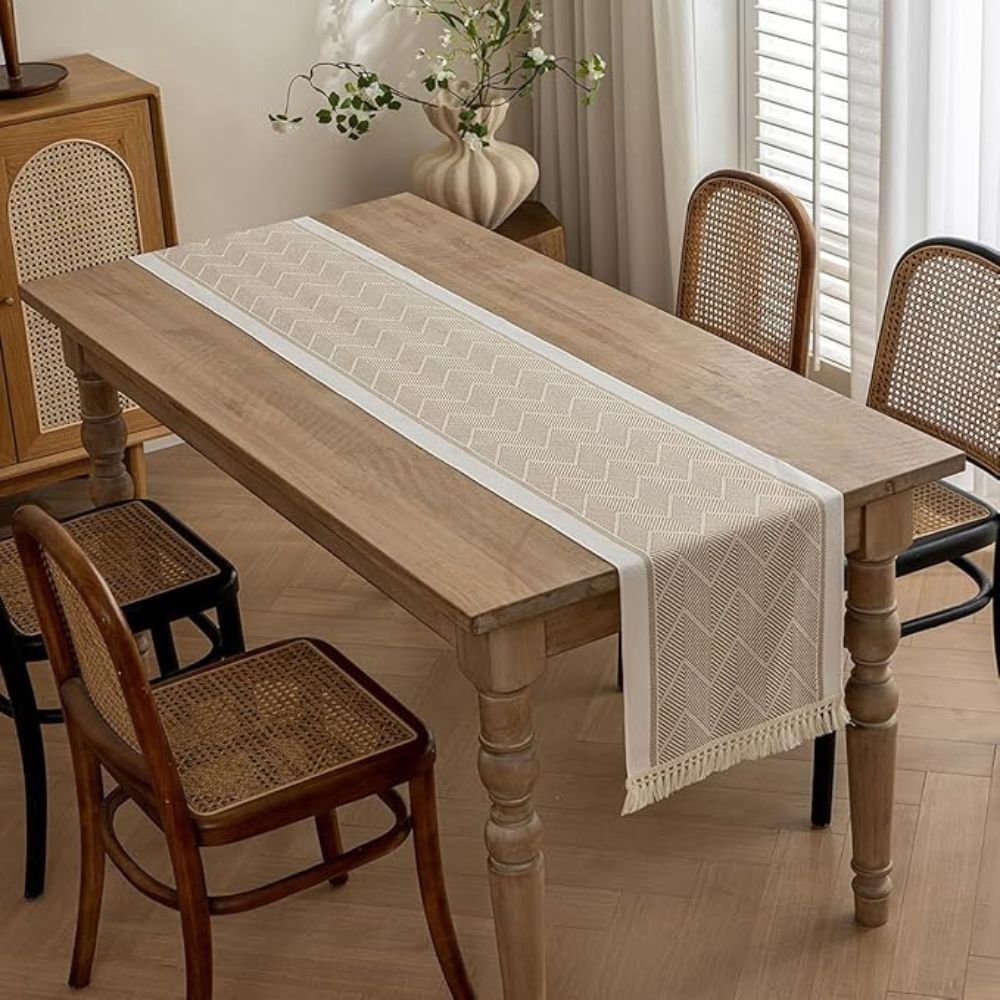 Woven Table Runner 14 × 47 inch with Zigzag Pattern and Fringed Ends for Dining Room, Coffee Table, Dresser | Lonoma