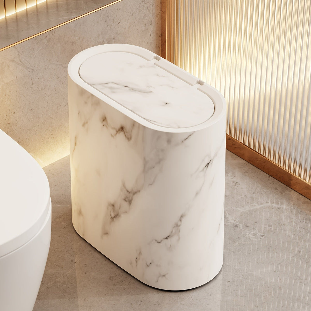 Compact Lidded Waste Bin Oval Marble-Look Trash Can 11.4 × 11.4 × 5.7 in Plastic for Bathroom Kitchen Bedroom Office Small Space | Lonoma