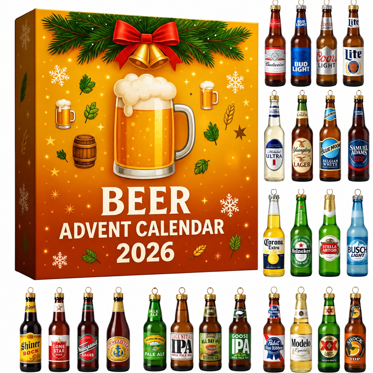 Holiday Countdown Display Set with 24 Decorative Miniature Ornaments — Classic Whiskey-Inspired Advent Calendar for Christmas Decor & | Lonoma