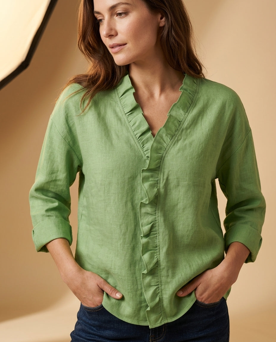 Women's Flowing V-Neck Blouse with Ruffle Trim – Long Sleeve Dressy Casual Top for Work & Evening – Pairs with Jeans, Skirts & Trousers | Lonoma