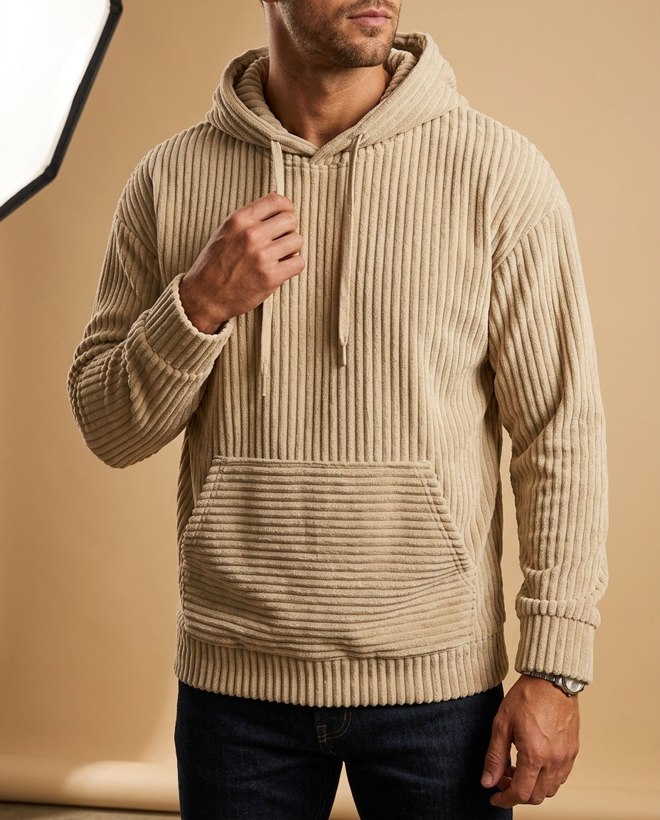 Men's Textured Corduroy Pullover Hoodie with Ribbed Finish – Casual Layering Sweater for Fall and Winter | Lonoma