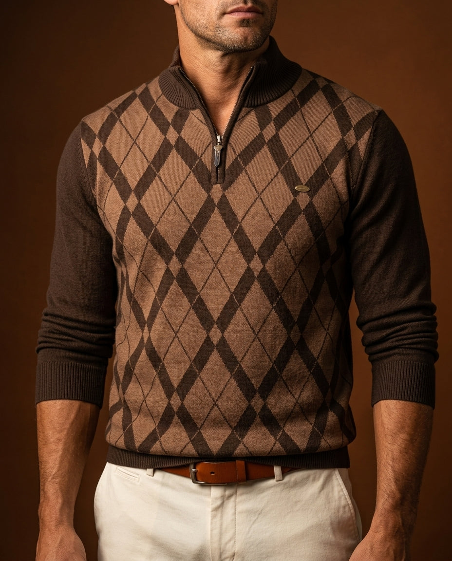 Men's Cotton-Blend Plaid Pullover Long Sleeve Crew Neck Sweater for Casual Everyday Wear Fall Spring Lightweight Layering Piece | Lonoma