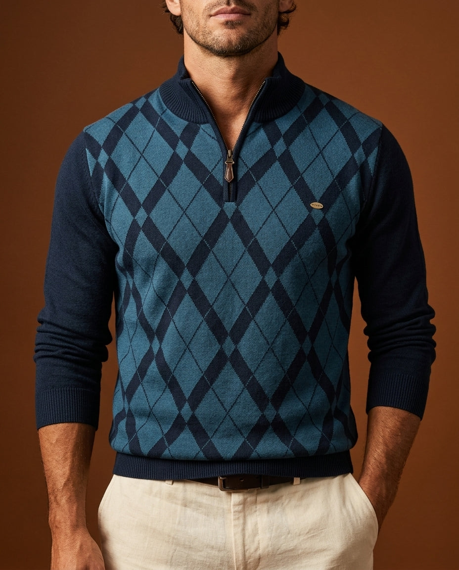 Men's Cotton-Blend Plaid Pullover Long Sleeve Crew Neck Sweater for Casual Everyday Wear Fall Spring Lightweight Layering Piece | Lonoma