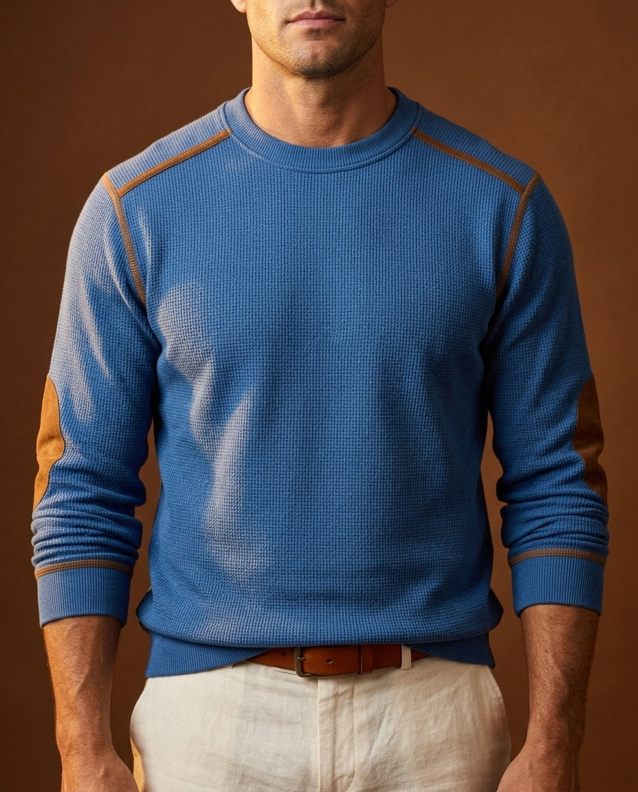 Men's Textured Crew Neck Pullover with Reinforced Patches – Regular Fit Sweater for Everyday Wear – Ribbed Trim Long Sleeve | Lonoma