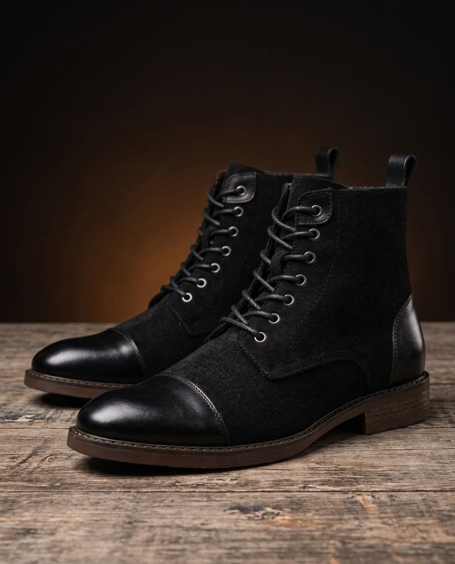 Men's Heritage Leather Ankle Boots with Wool Panel Detailing – Classic Lace-Up Footwear for Everyday Wear | Lonoma