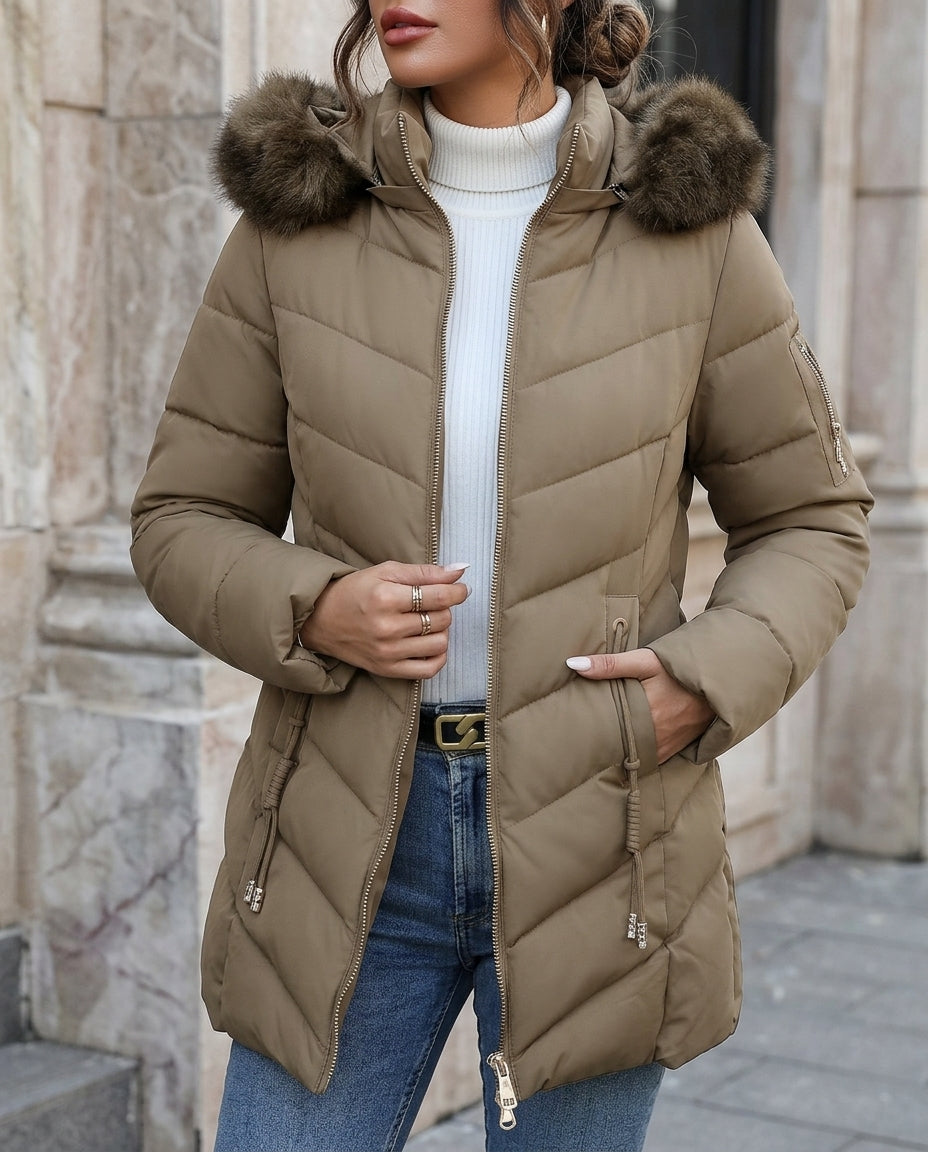 Insulated Hooded Puffer Jacket Women's Winter Outerwear with Adjustable Waist Tie Warm Padded Coat for Cold Weather Casual or Dressy | Lonoma
