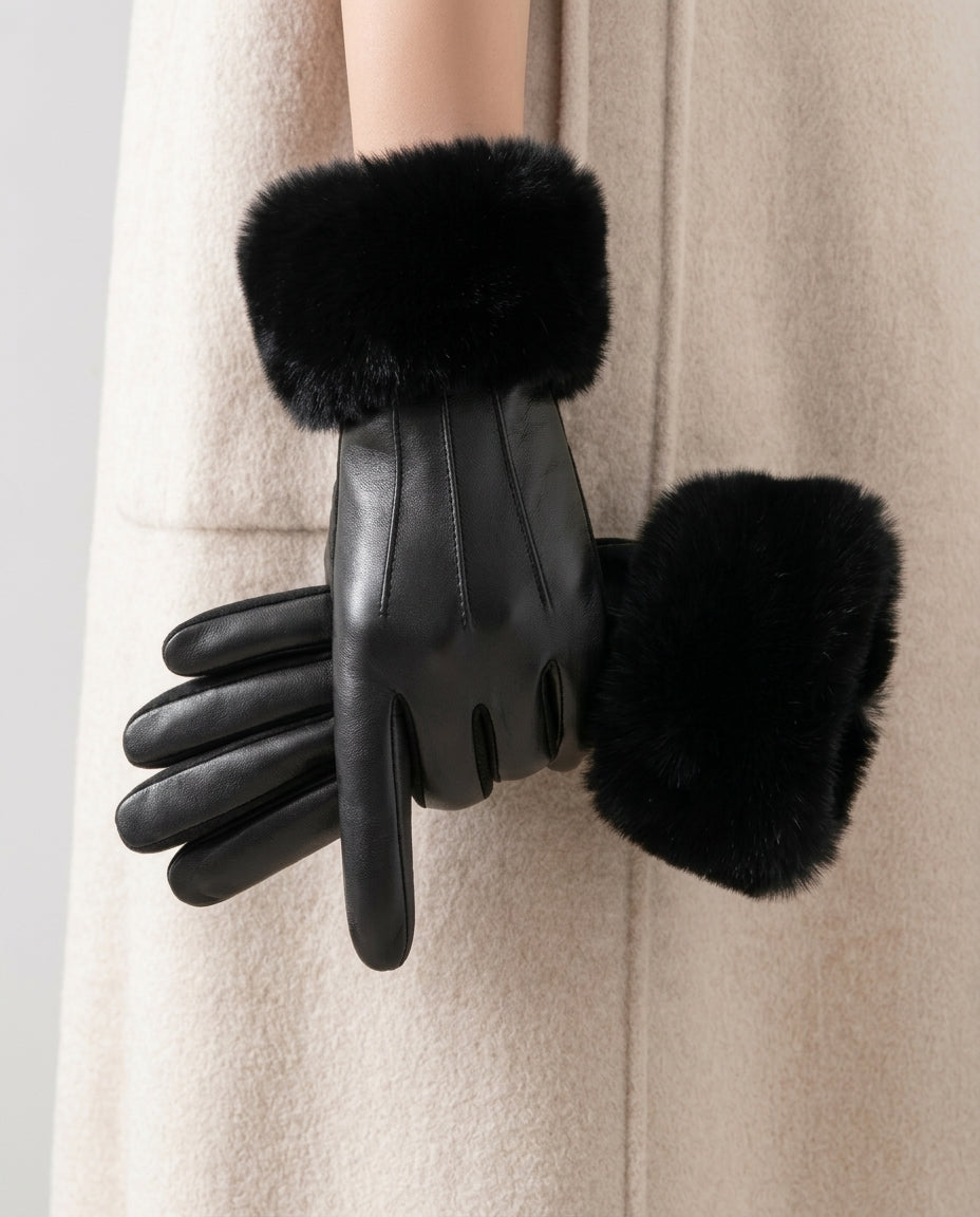 Faux Leather Winter Gloves with Faux Fur Cuff for Women | Cold Weather Hand Protection with Stitched Design | One Size Fits Most | Lonoma