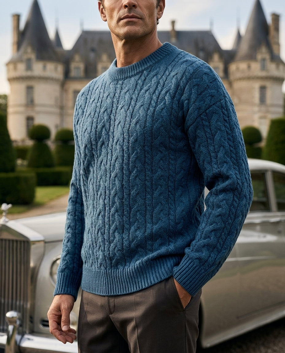 Men's Crew Neck Sweater Cable Knit Wool Blend Ribbed Cuffs Pullover for Fall Winter Layering Everyday Casual Warm Menswear | Lonoma