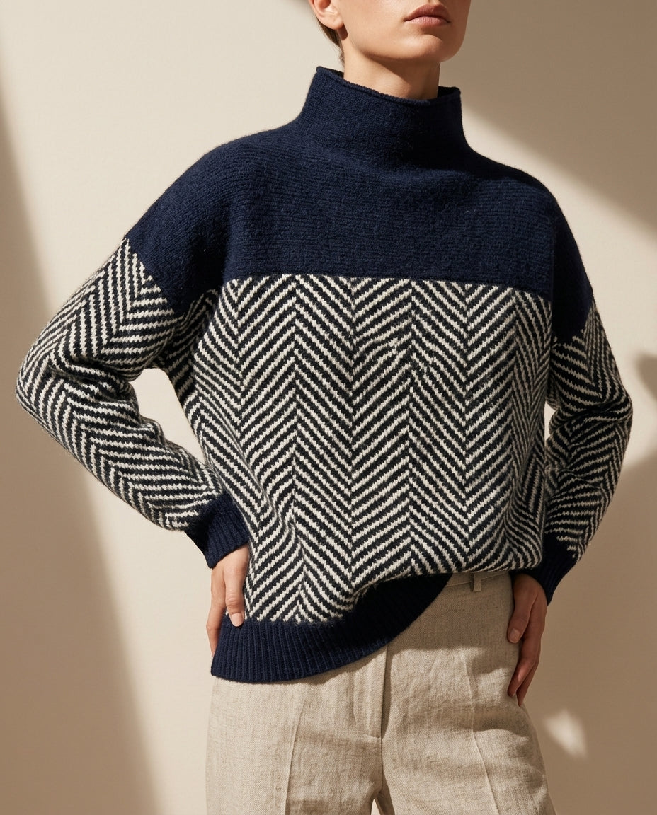 Women's Mock Neck Herringbone Sweater - Wool Blend Two-Tone Pullover for Fall & Winter | Relaxed Fit Stand Collar Knitwear | Lonoma