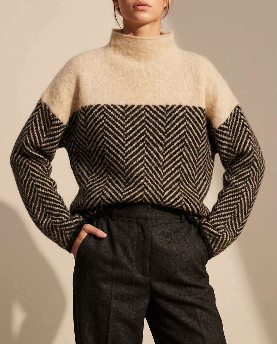 Women's Mock Neck Herringbone Sweater - Wool Blend Two-Tone Pullover for Fall & Winter | Relaxed Fit Stand Collar Knitwear | Lonoma
